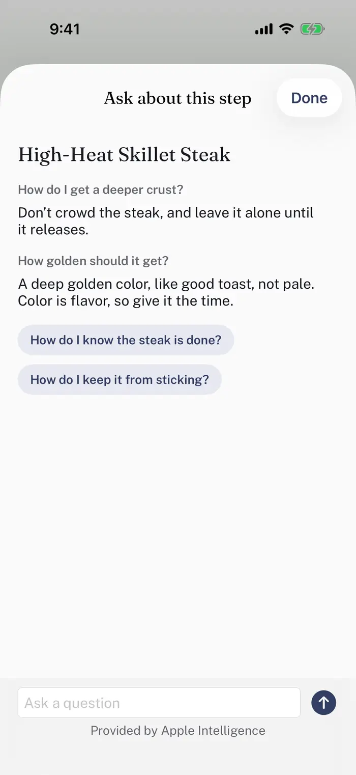 Asking about a step of Joshua Weissman's High-Heat Skillet Steak. How do I get a deeper crust? Don't crowd the steak, and leave it alone until it releases. How golden should it get? A deep golden color, like good toast, not pale. Two more questions wait to be tapped.