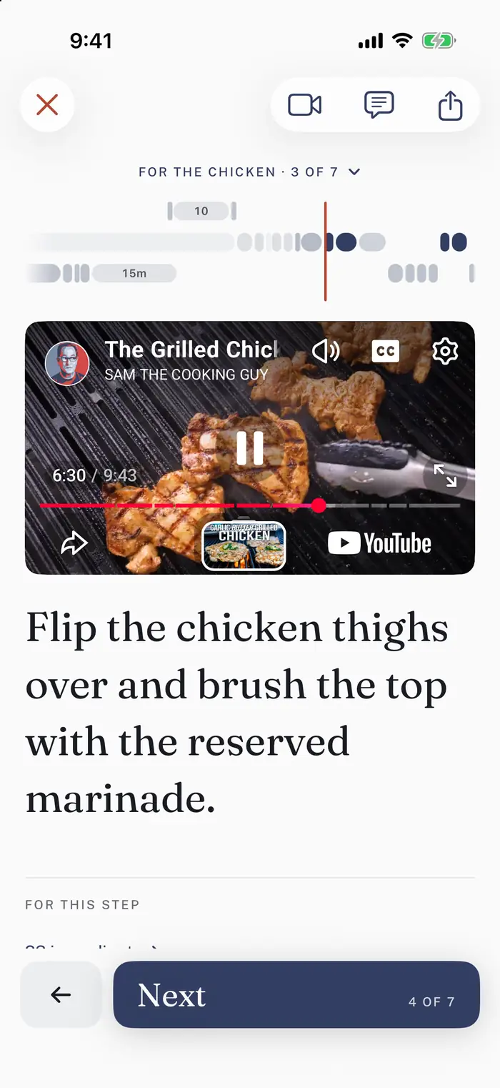 Step three of seven for Sam the Cooking Guy's grilled chicken, flip the thighs and brush them with the reserved marinade, with his video at 6:30 of 9:43 as he turns them on the grill.