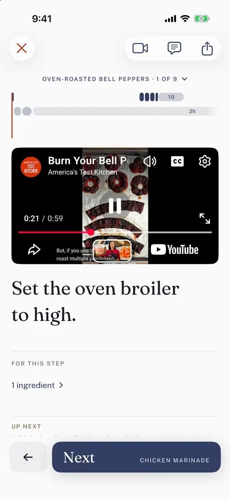 The dinner's first step, set the oven broiler to high, for America's Test Kitchen's roasted peppers, with their video at that moment.