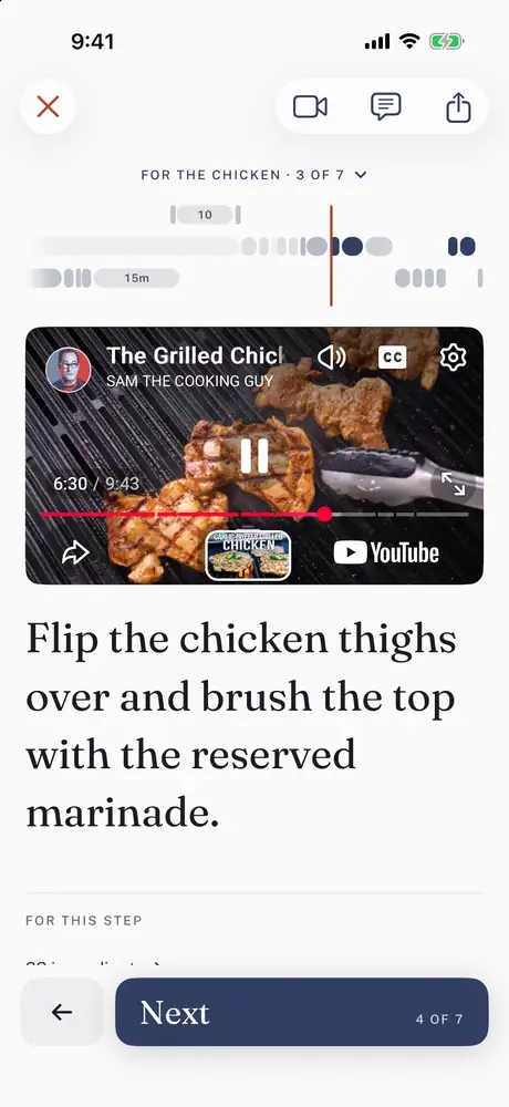 Step three of seven for Sam the Cooking Guy's grilled chicken, flip the thighs and brush them with the reserved marinade, with his video at that moment and the evening's timeline above it.
