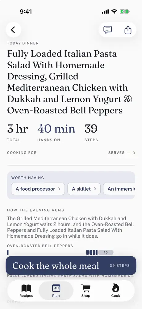 Brian Lagerstrom's Italian pasta salad, Sam the Cooking Guy's grilled Mediterranean chicken and America's Test Kitchen's oven-roasted bell peppers planned as one dinner: 3 hours in all, 40 minutes of it hands on, and a button to cook the whole meal.