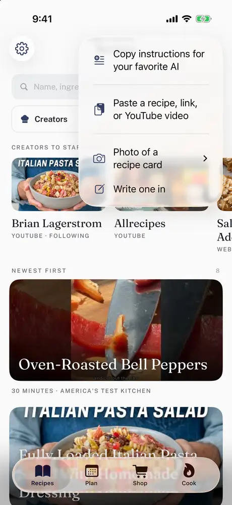 The recipe book's add menu: copy instructions for your favorite AI, paste a recipe, link or YouTube video, take a photo of a recipe card, or write one in.
