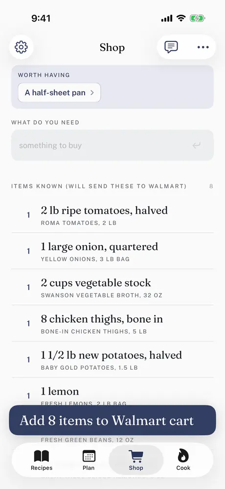 The shopping list with the product each line buys, Roma tomatoes, yellow onions and Swanson vegetable broth among them, and a button to add 8 items to a Walmart cart.